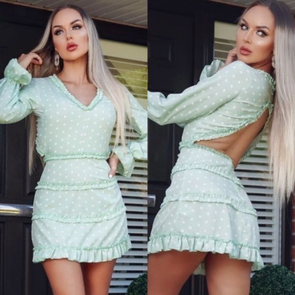 Dresses & Skirts - Green Polka Dot Long Sleeve V-Neck Open Back Backless Mini Dress